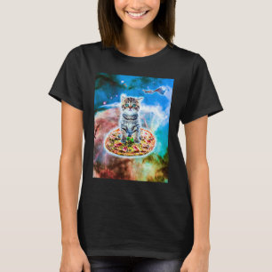 Galaxy Kitty Cat Riding Pizza In Space T-Shirt