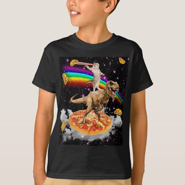 Galaxy Laser Cat on Dinosaur on Pizza with Tacos & T-Shirt (Front)