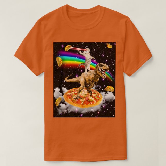 Galaxy Laser Eye Cat on Dinosaur on Pizza with Tac T-Shirt (Design Front)