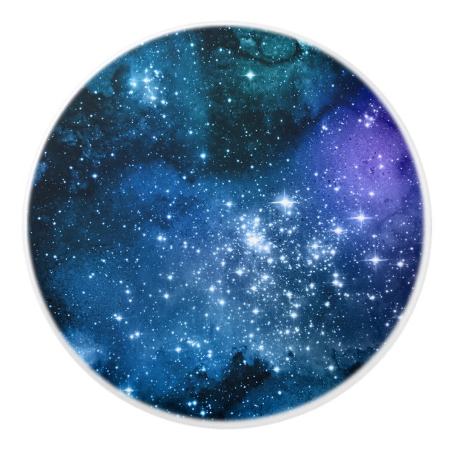 Galaxy Lovers Starry Space Blue Sky White Sparkles Ceramic Knob (Front)