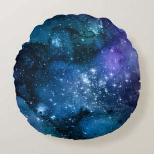Galaxy Lovers Starry Space Blue Sky White Sparkles Round Cushion
