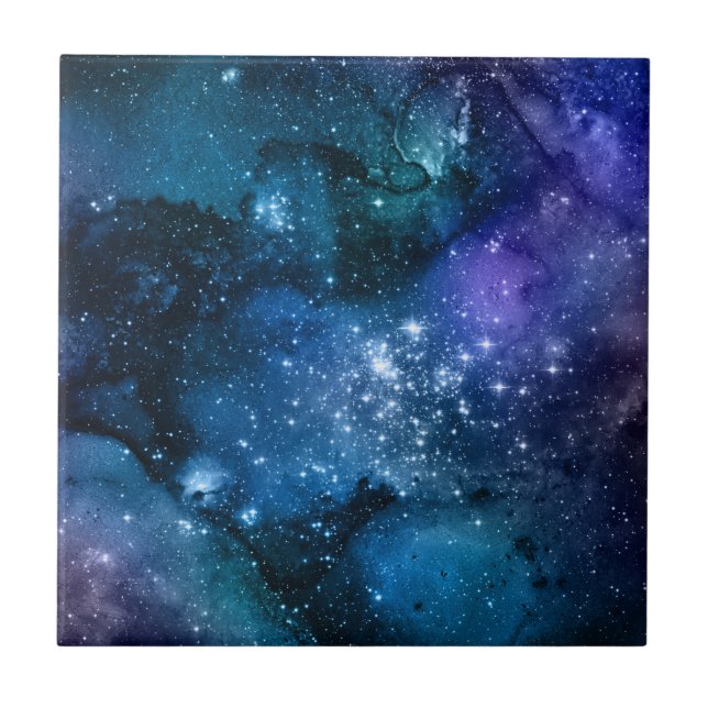 Galaxy Lovers Starry Space Blue Sky White Sparkles Tile (Front)