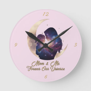 Galaxy Mama & Child Silhouette Moon Art Round Clock