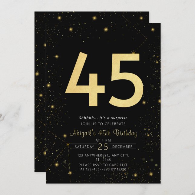 Galaxy Modern Black and Gold 45th Birthday Party Invitation (Front/Back)