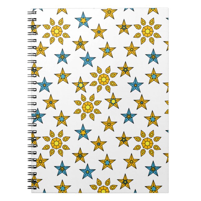Galaxy Orange and Blue Sun and Stars Gems Pattern Notebook (Front)