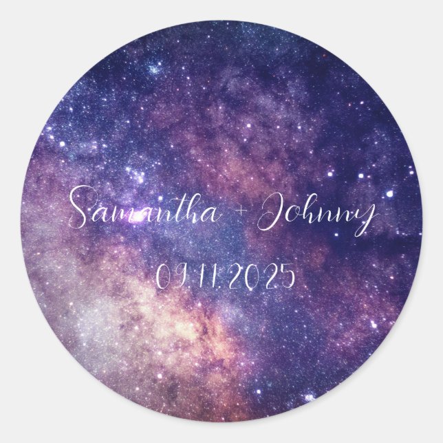 Galaxy Outer Space Stars Starry Night Wedding Classic Round Sticker (Front)