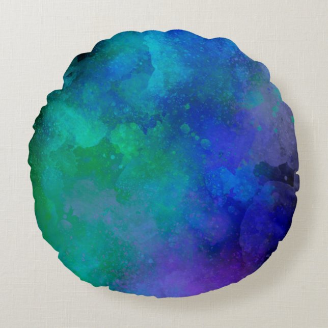 Galaxy Paint Splatter effect Green Blue  Round Cushion (Front)