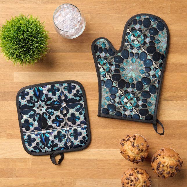 Galaxy pearls snowflakes inspired elegant blue   oven mitt & pot holder set (Top Down)