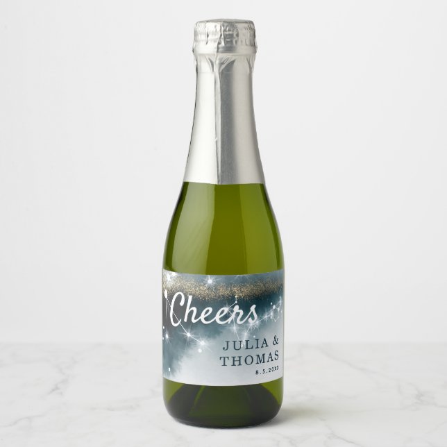 Galaxy Personalised Blue Gold Stars Wedding Sparkling Wine Label (Front)