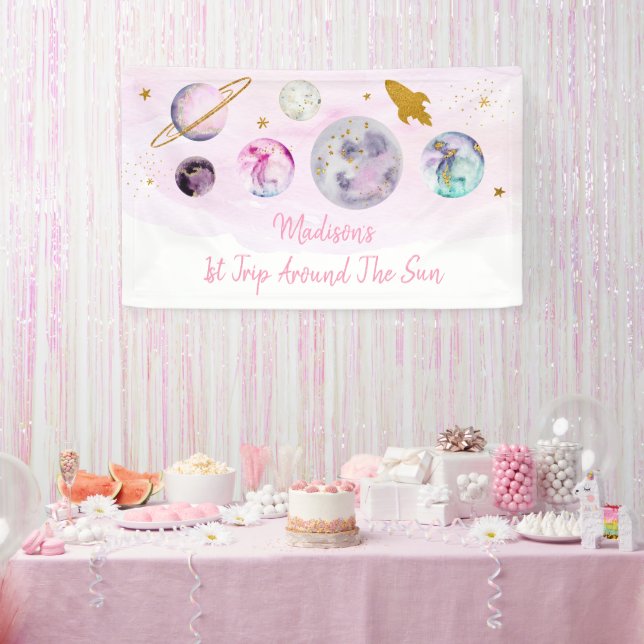 Galaxy Pink Gold Outer Space Birthday Banner (Party)