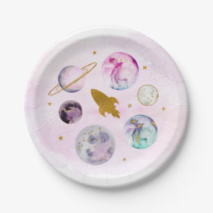 Galaxy Pink Gold Outer Space Birthday Paper Plate