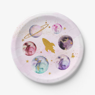 Galaxy Pink Gold Outer Space Birthday Paper Plate