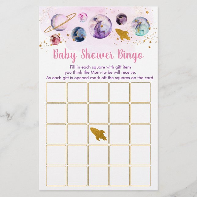 Galaxy Pink Gold Space Baby Shower Bingo Game (Front)