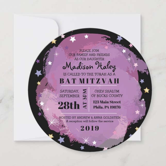 GALAXY Purple Gold Stars Bat Mitzvah Invitation (Front)