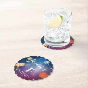Galaxy Rocket Themed Kids 1st Birthday Party Paper Coaster
