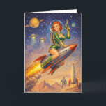 Galaxy’s Glamorous Guardians Card<br><div class="desc">Send some out-of-this-world fun with these twin galactic guardians zooming over a red alien planet! Featuring two space babes in classic raygun-ready poses,  this card brings old-school space opera flair with a splash of humor and bold style.</div>