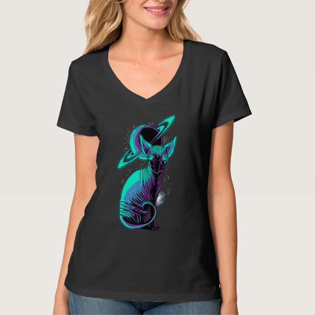 Galaxy Saturn Planet Sphynx Cool Cat Feline Cat T-Shirt (Front)