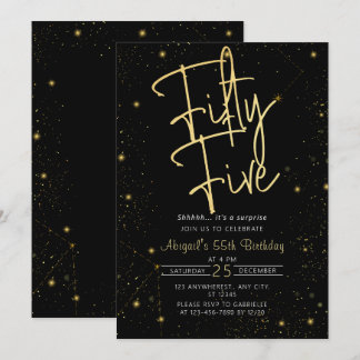 Galaxy Script Black and Gold 55th Birthday Party Invitation