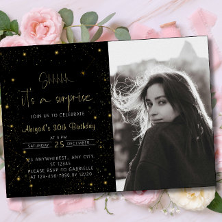 Galaxy Script Photo Black and Gold Birthday Party Invitation