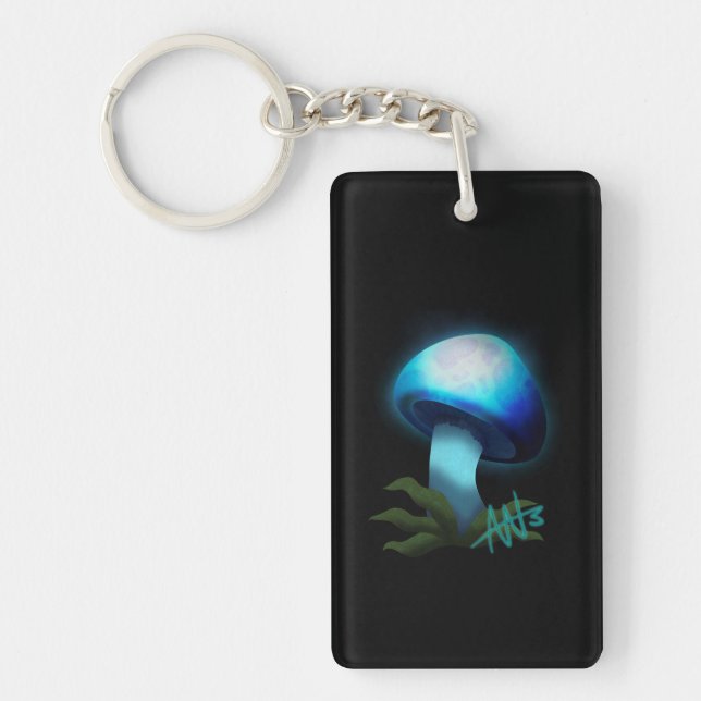 Galaxy Shiitake Glowing Light Blue Mushroom Key Ring (Front)