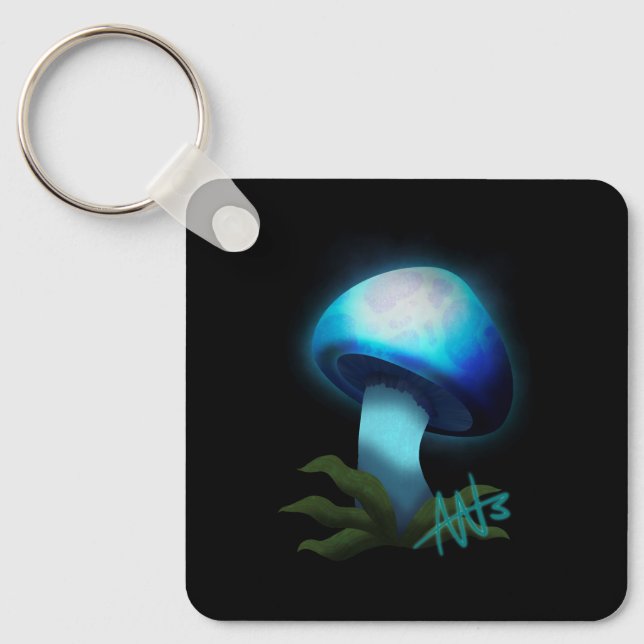 Galaxy Shiitake Glowing Light Blue Mushroom Metal Key Ring (Front)