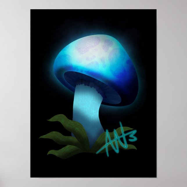 Galaxy Shiitake Glowing Light Blue Mushroom Poster (Front)