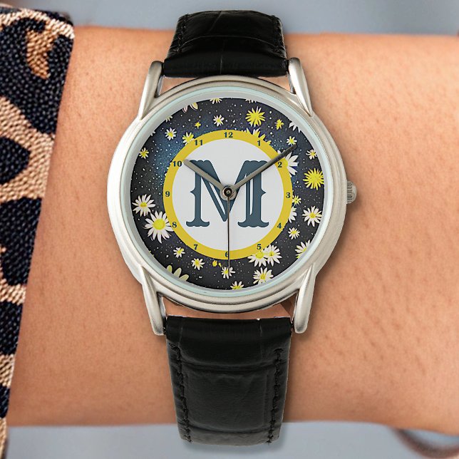 Galaxy Sky Daisy Flowers Monogram Letter Dark Blue Watch (Creator Uploaded)