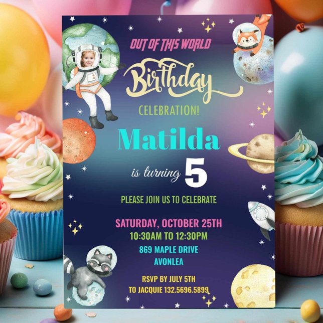 Galaxy Space Astronaut Planets Girl Birthday Photo Invitation (Creator Uploaded)