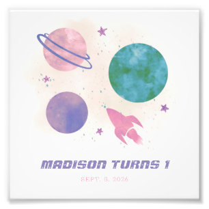 Galaxy Space Watercolor Planet Girl 1st Birthday Photo Print