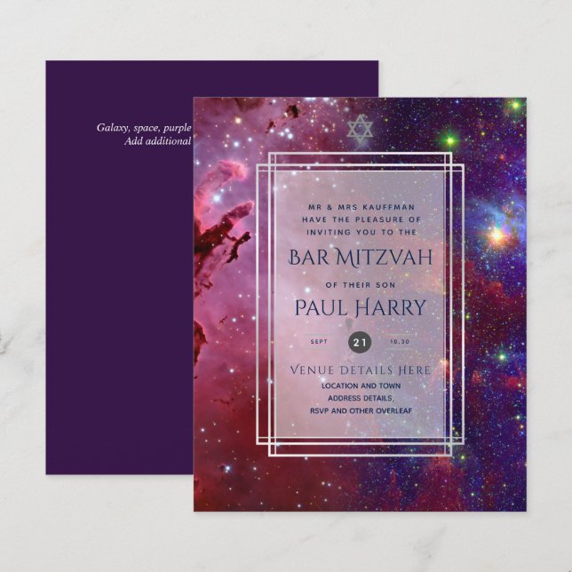 Galaxy Starry Night BAR MITZVAH Invitations Navy (Front/Back)
