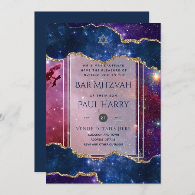 Galaxy Starry Night BAR MITZVAH Invitations Navy (Front/Back)