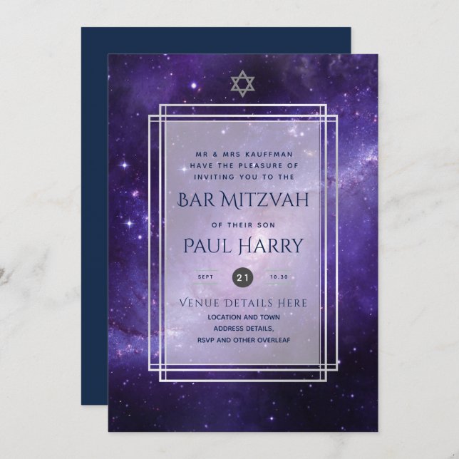 Galaxy Starry Night BAR MITZVAH Invitations Navy (Front/Back)