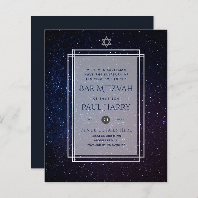 Galaxy Starry Night BAR MITZVAH Invitations Navy (Front/Back)