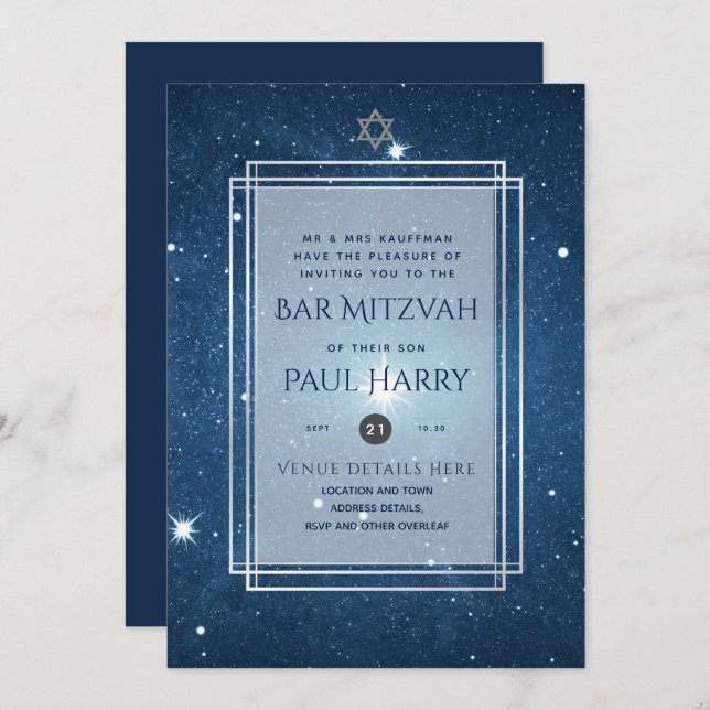 Galaxy Starry Night BAR MITZVAH Invitations Navy (Front/Back)