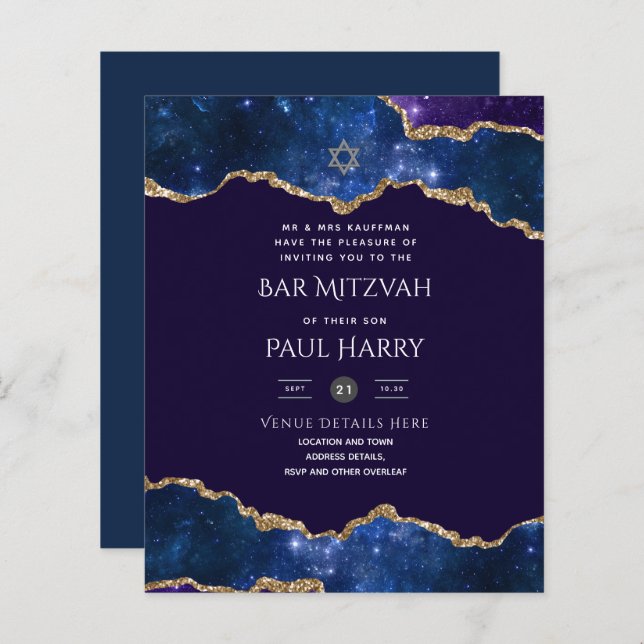 Galaxy Starry Night BAR MITZVAH Invitations Navy (Front/Back)
