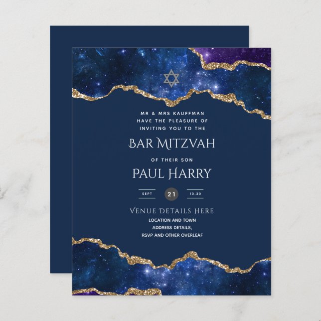 Galaxy Starry Night BAR MITZVAH Invitations Navy (Front/Back)
