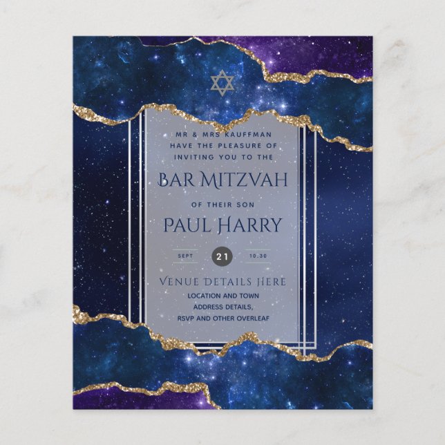 Galaxy Starry Night BAR MITZVAH Invitations Navy Flyer (Front)