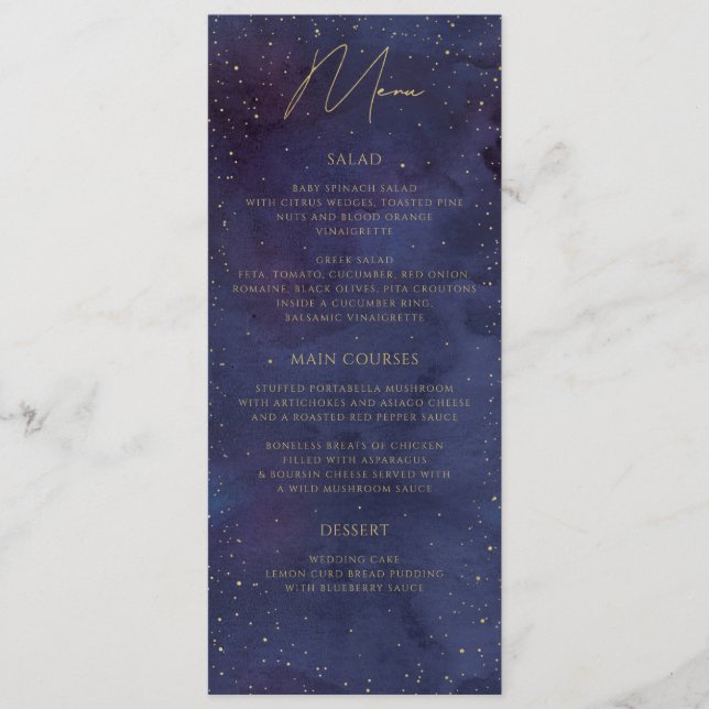 Galaxy Starry Night Celestial Purple Gold Wedding Menu (Front)
