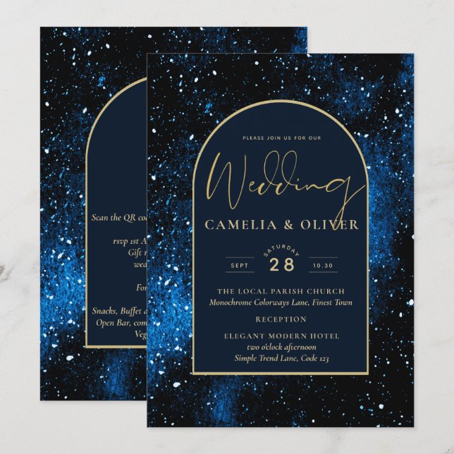 Galaxy Starry Night Navy Blue Gold Wedding Invitation (Front/Back)