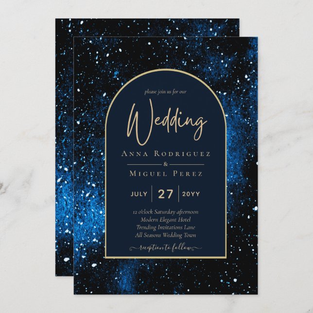 Galaxy Starry Night Navy Blue Gold Wedding Invitation (Front/Back)