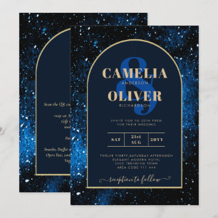Galaxy Starry Night Navy Blue Gold Wedding Invitation