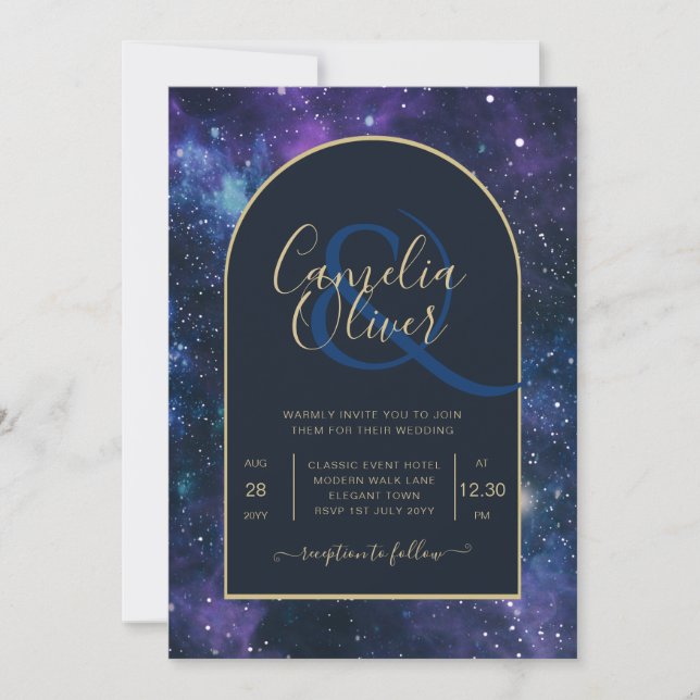 Galaxy Starry Night Navy Blue Gold Wedding Invitation (Front)