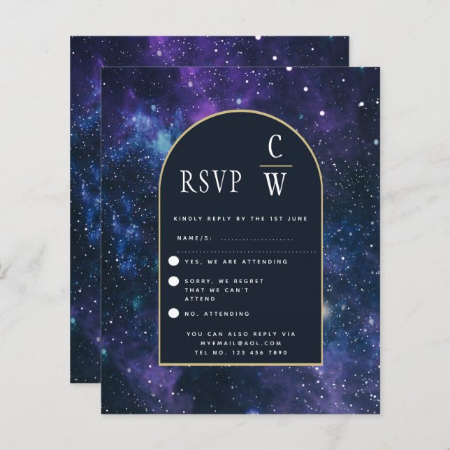 Galaxy Starry Night Purple Blue Gold Wedding RSVP (Front/Back)
