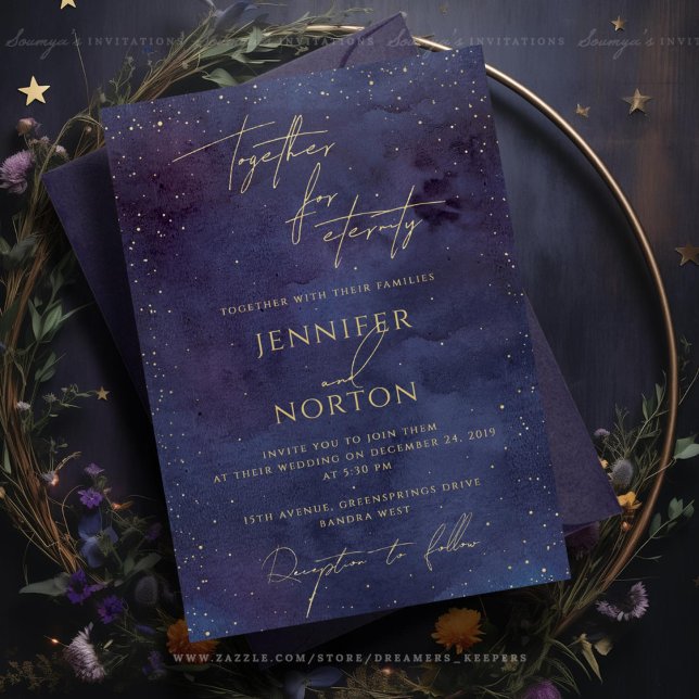 Galaxy Starry Night Sky Blue Purple Gold Wedding Invitation (Creator Uploaded)