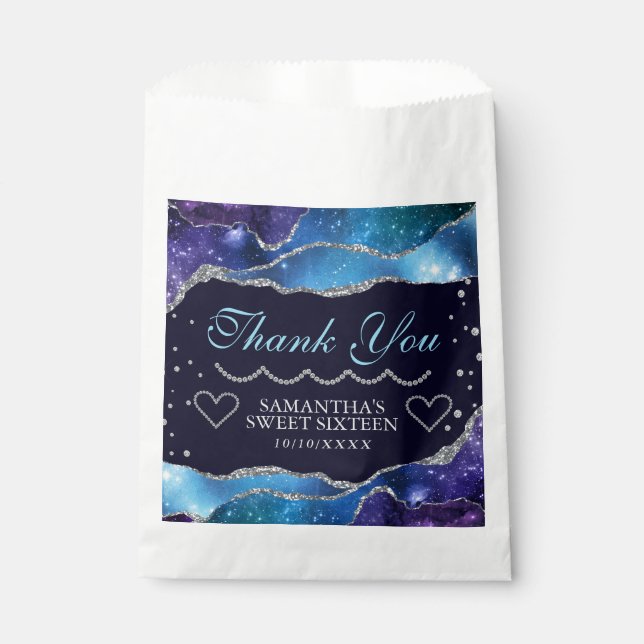 Galaxy starry Silver Glitter Agate Sweet 16 Favour Bags (Front)