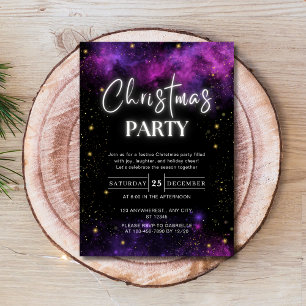 Galaxy Starry Space Neon Black Christmas Party Invitation