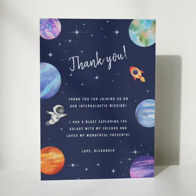 Galaxy Stars Birthday Party Watercolor Planets Thank You Card (Creator Uploaded)