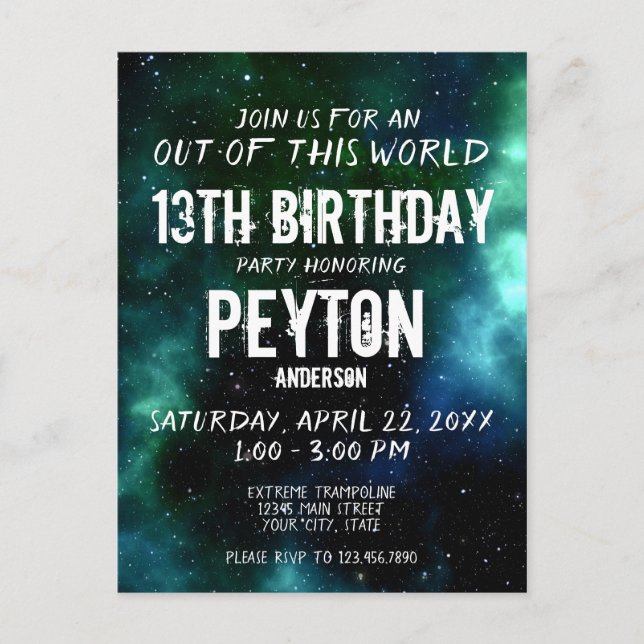 Galaxy Stars Out of This World Birthday Invitation Postcard (Front)