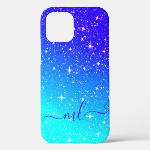 Galaxy Stars Sky Aqua Blue Teal Custom Monogrammed iPhone 12 Case