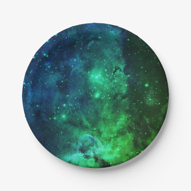 Galaxy Stars Space Green Neon Pattern Paper Plate (Front)